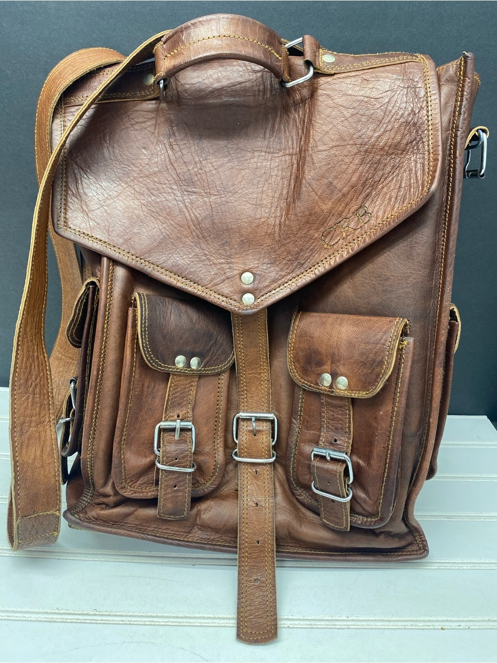MaheTri Historic Brown Leather Backpack Messenger Bag